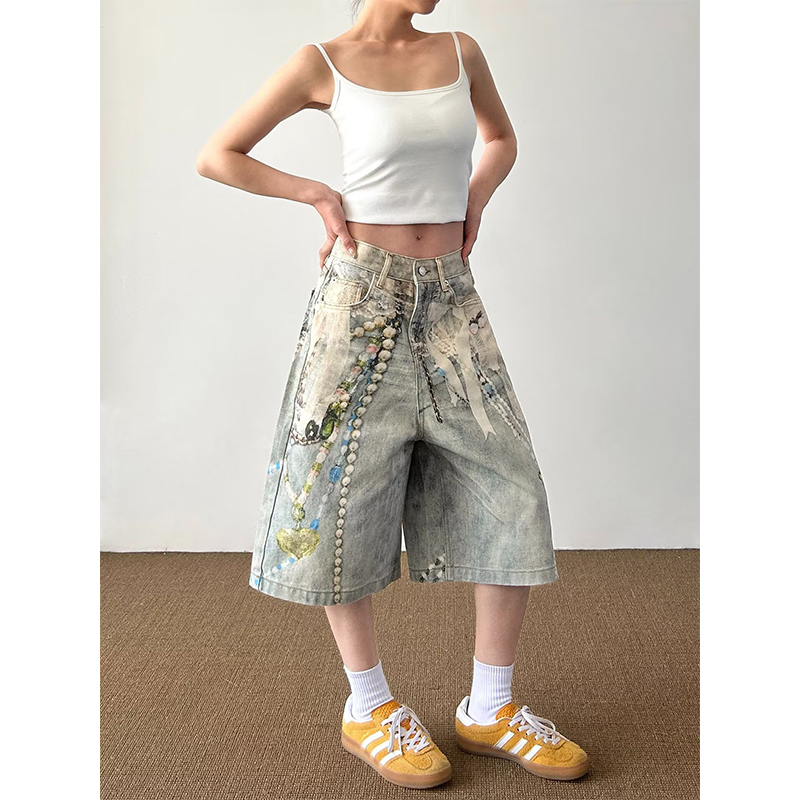 Embroidery Design 3D - Celana Jeans Pendek Unisex Gaya Jalanan