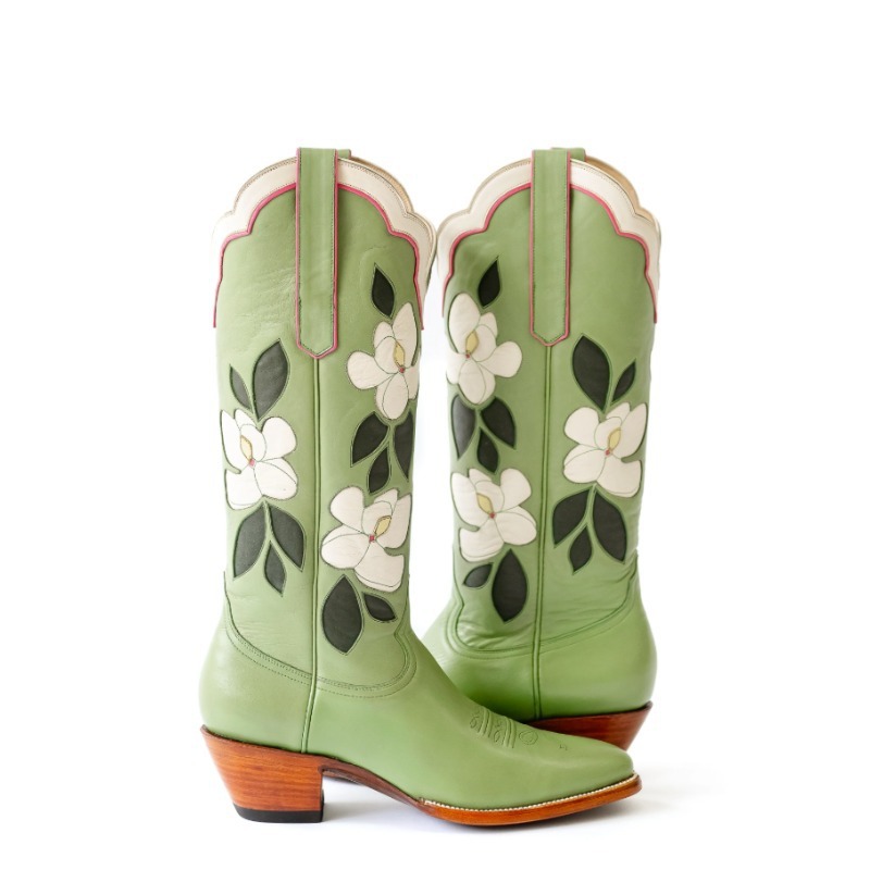 Embroidery Flower - Sepatu Bot Wanita Setengah Betis Kulit