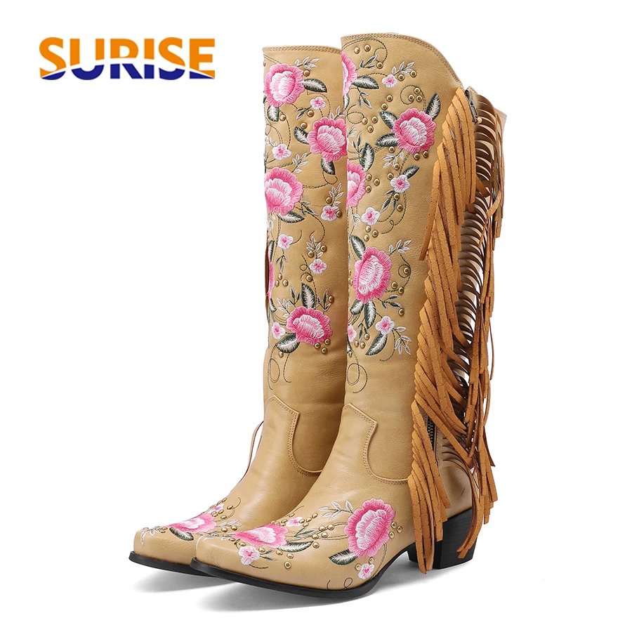 Embroidery Flower - Sepatu Bot Setinggi Lutut Barat Bunga
