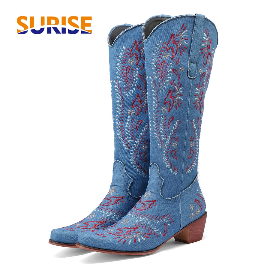 Embroidery Flower - Sepatu Bot Setinggi Lutut Cowgirl Barat