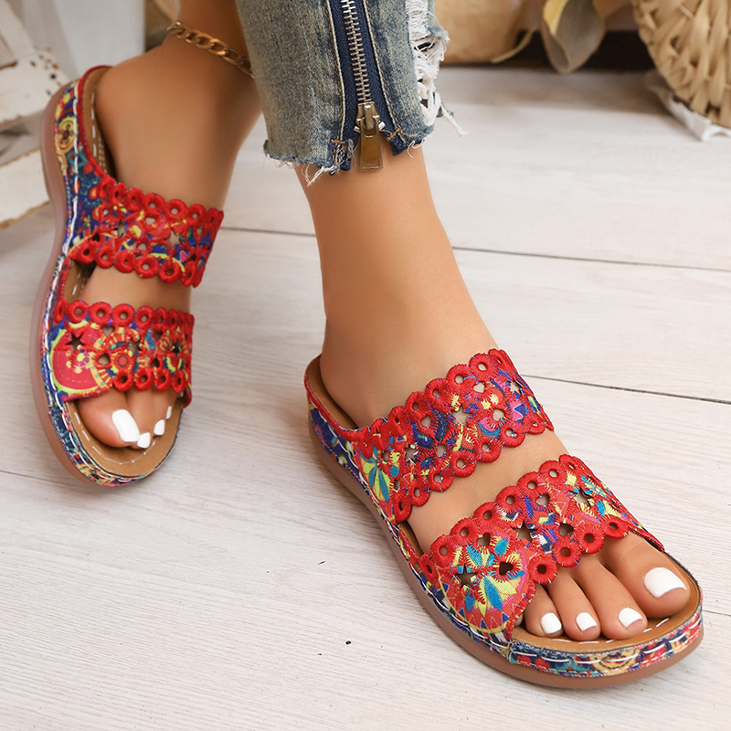 Sandal Wedges Bordir Bunga War - Embroidery Flower ulasan dan harga